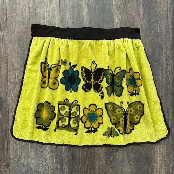 Vintage 60s Reworked Butterfly Towel Apron Waist Tie Kitchen Cooking Lime Green - Picture 2 of 5